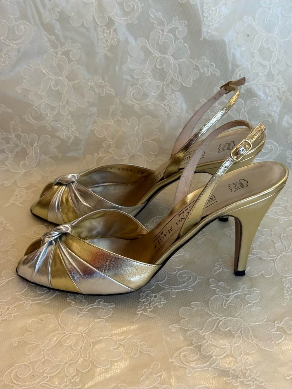 Bruno Magli Metallic Silver and Gold Knot Peep-Toe Slingback Vintage Heels